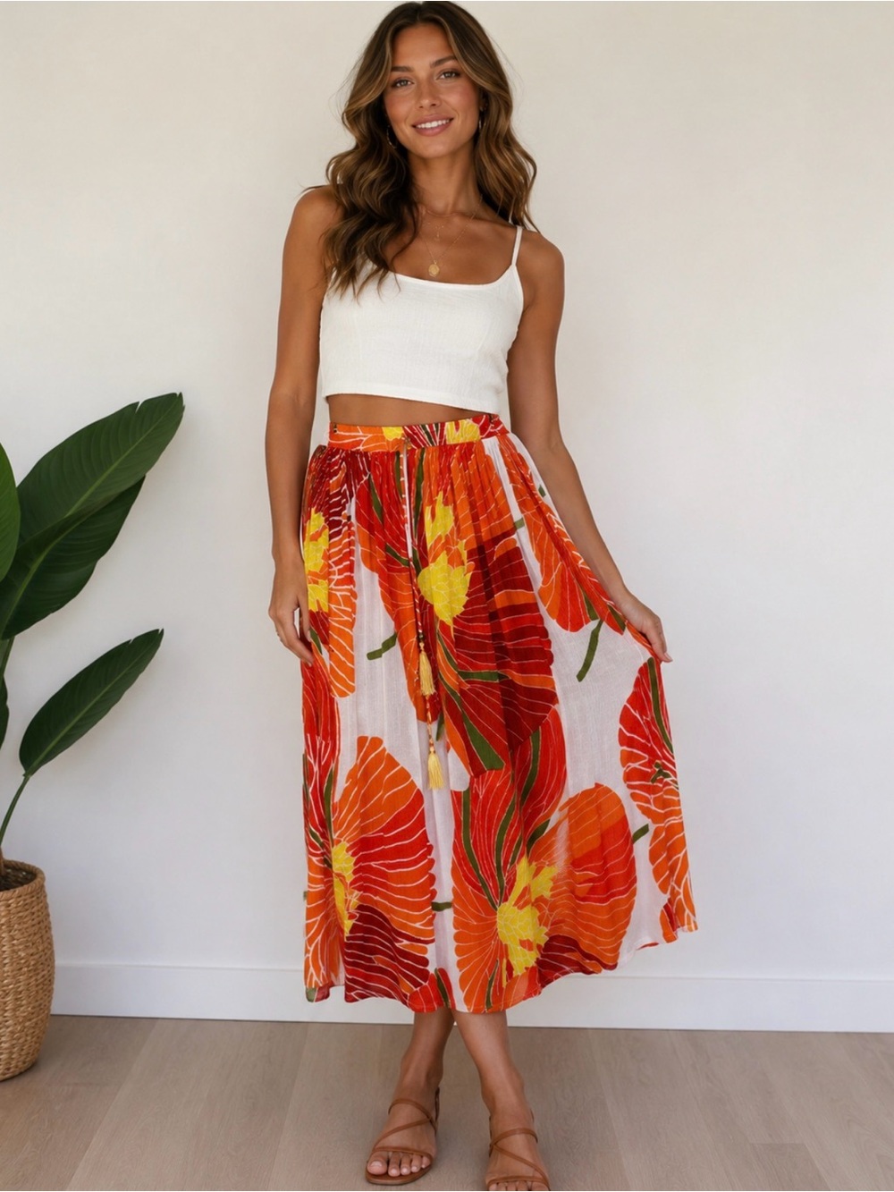 Gypsy Blu Floral Tie-Waist Maxi Skirt Orange red white Medium tropical Hawaiian